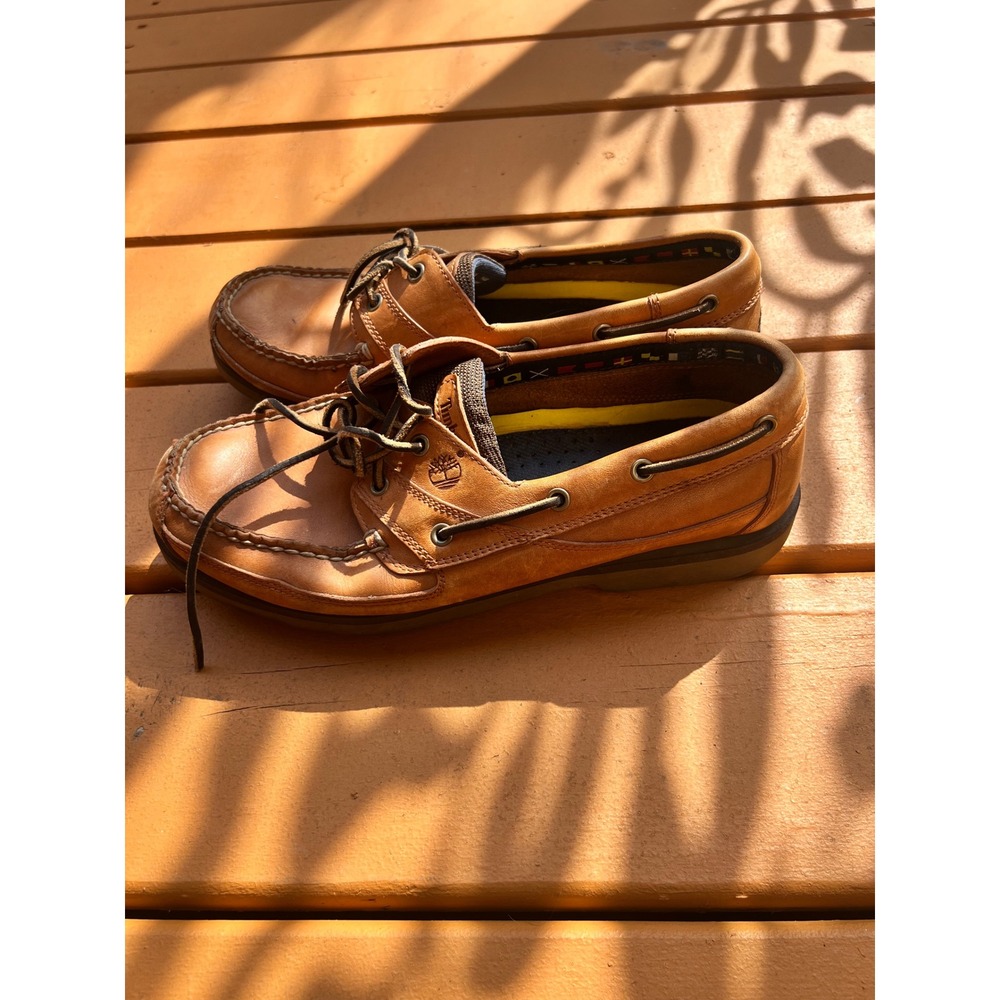 Timberland Mens Tan Brown Leather Boat Shoes Nautical Signal Flag Loafers - Picture 3 of 9